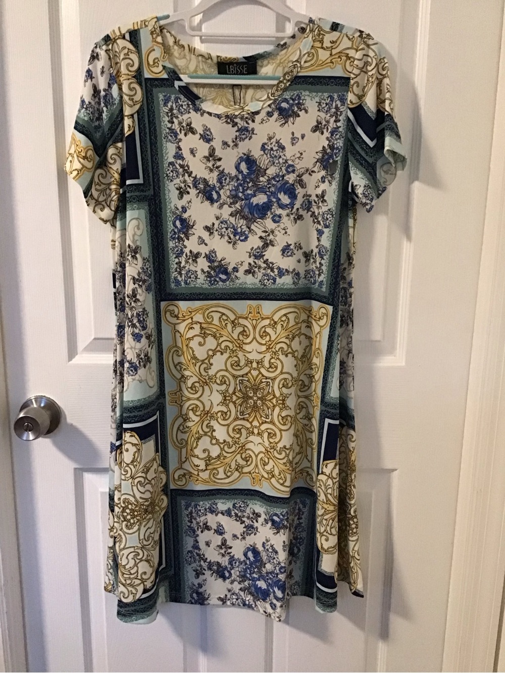NWT! LBISSE Cream Midi Dress with Blue Floral and Gold Medallion Print